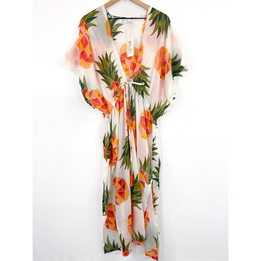 NEW Women's Pineapple Print Swim Coverup Cotton Duster Cardigan Lightweight M